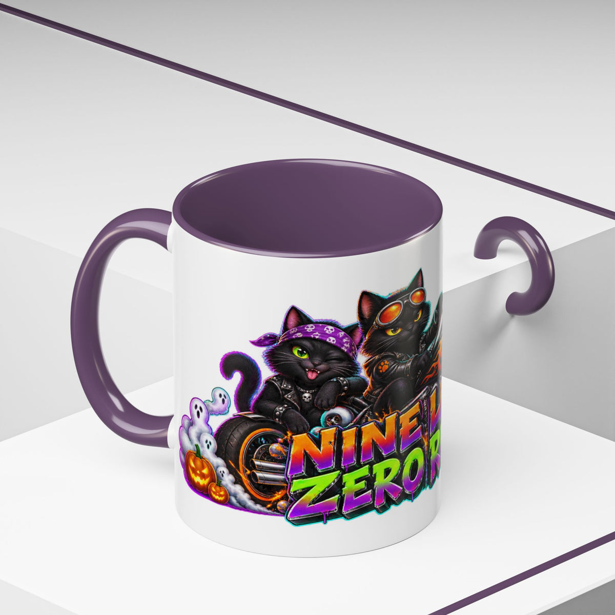Nine Lives Zero Rules Biker Cats Halloween White Mug
