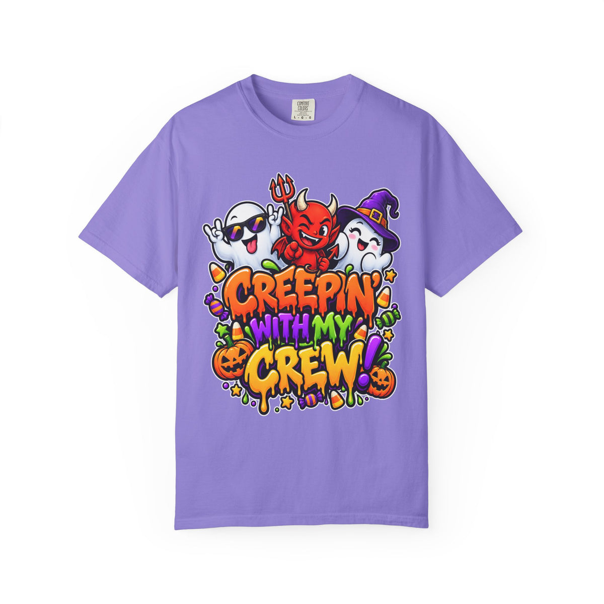 Creepin’ With My Crew Halloween T-Shirt – Colorful Funny Ghost & Devil Graphic Tee