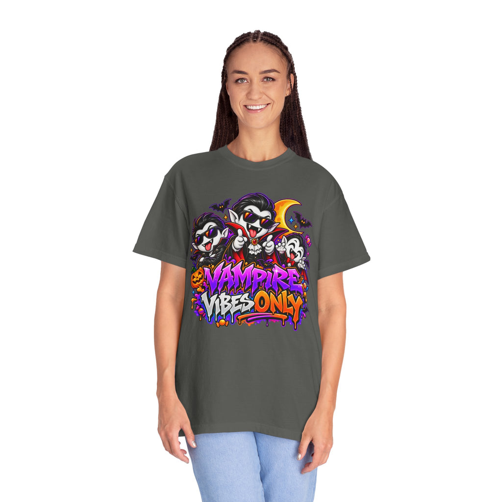 Neon Vampire Vibes Halloween Unisex Garment-Dyed T-Shirt Featuring a Cool Festora Vampire Crew