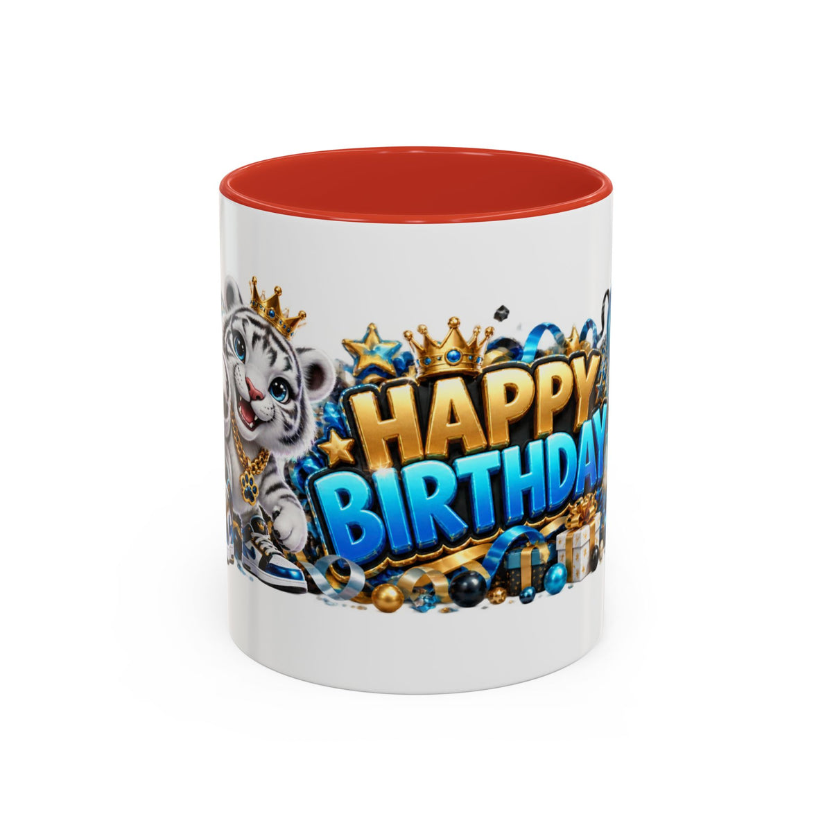Happy Birthday White Tiger Mug – Colorful 3D Birthday Gift – White Coffee Mug