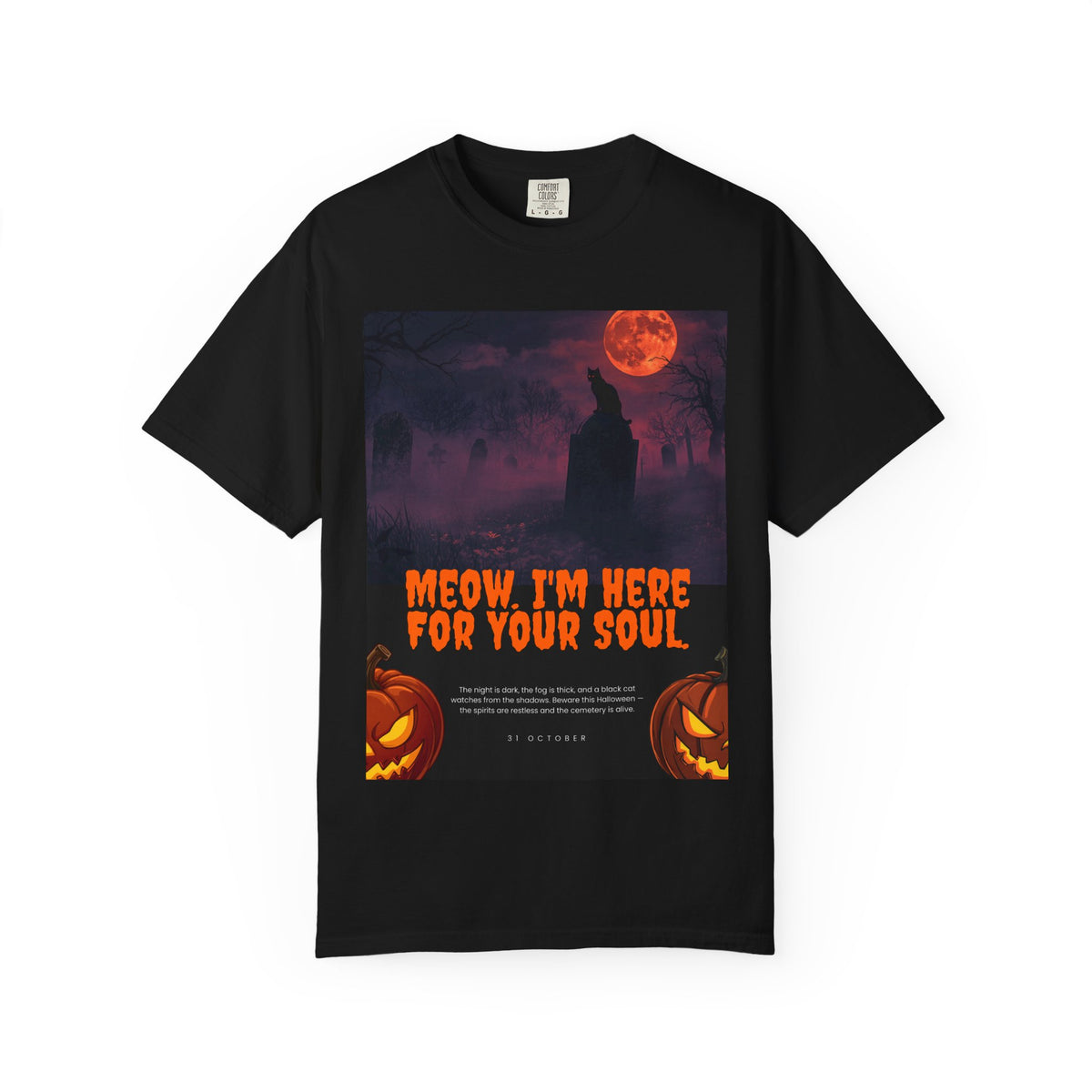 Halloween Cat Reaper T-Shirt — "Meow, I'm Here For Your Soul" Graphic Tee