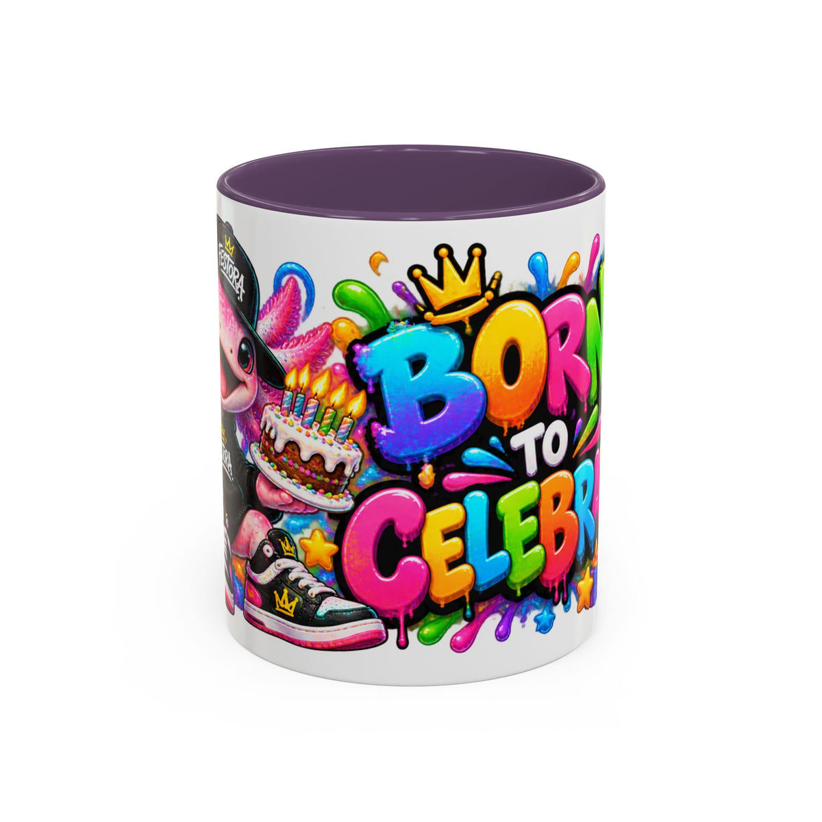 BORN TO CELEBRATE! White Ceramic Mug – Cute Axolotl Birthday Coffee Cup – Colorful Party Gift – Original FestoraShop Design