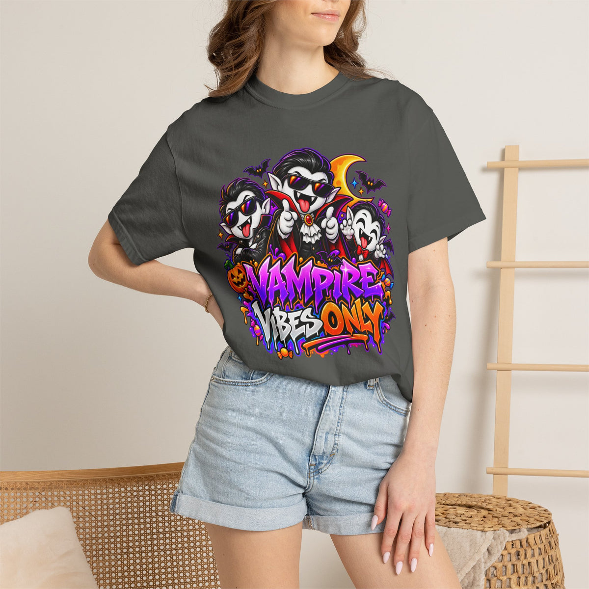 Neon Vampire Vibes Halloween Unisex Garment-Dyed T-Shirt Featuring a Cool Festora Vampire Crew