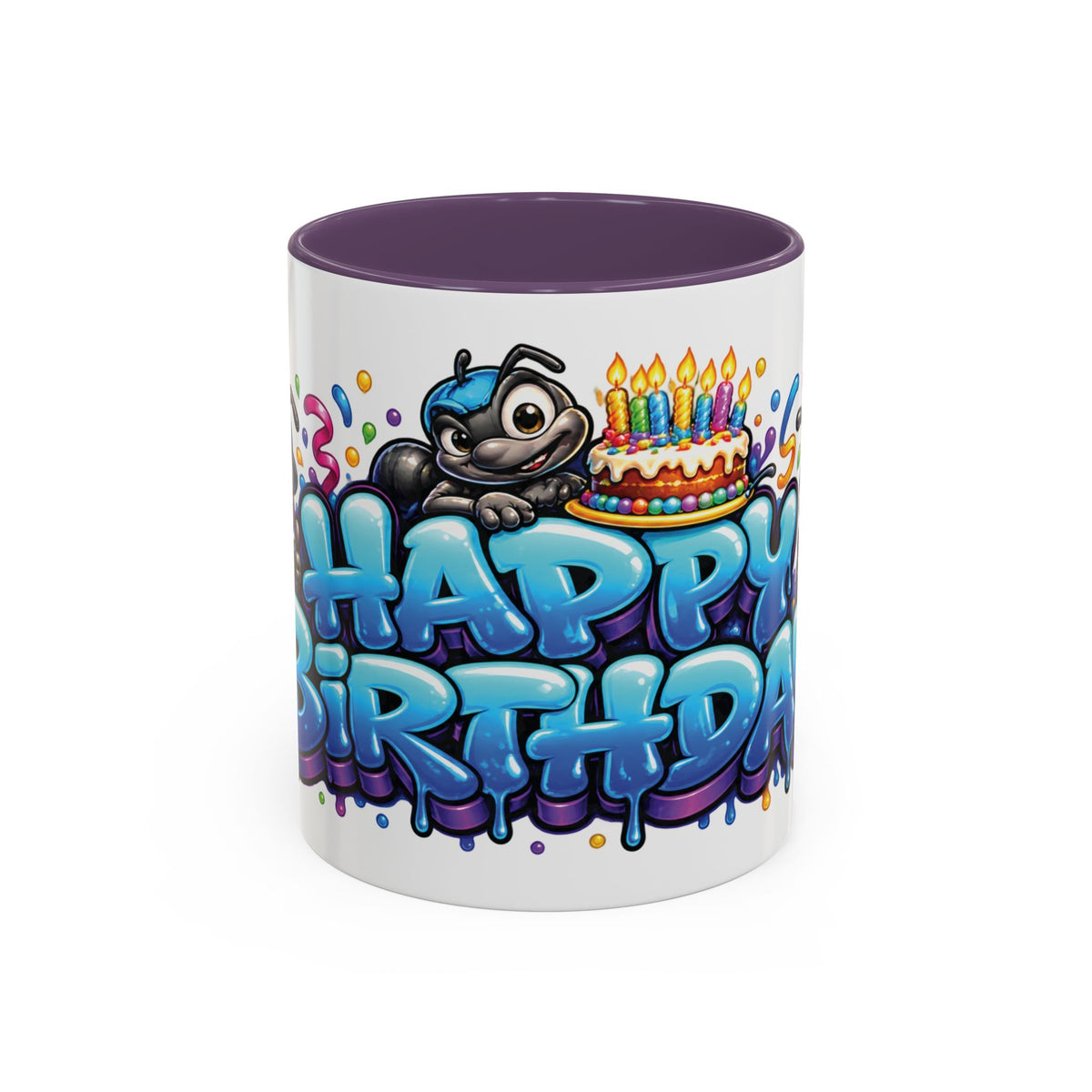 Happy Birthday Cartoon Mug – Graffiti Ants, Birthday Cake, Balloons & Confetti Coffee Cup