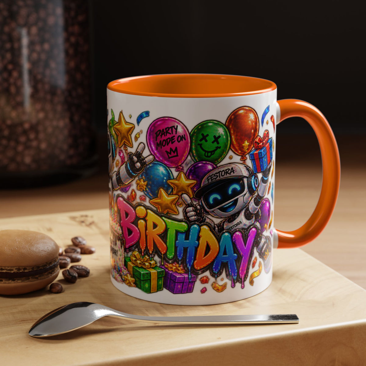 Birthday Robot Coffee Mug — Colorful Happy Birthday Accent Mug (11oz)
