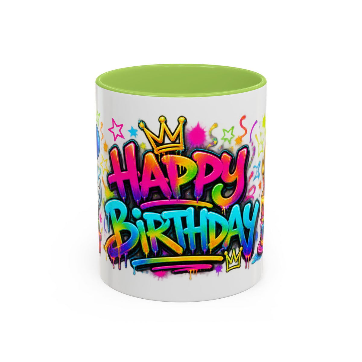 Happy Birthday Accent Coffee Mug – Colorful Graffiti Cake & Balloons (11/15oz)
