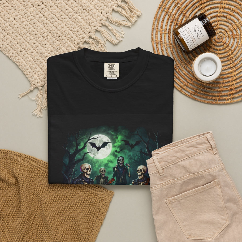 Halloween Rock Band T-Shirt — "Dead But Still Rocking" Skeleton Guitar Tee