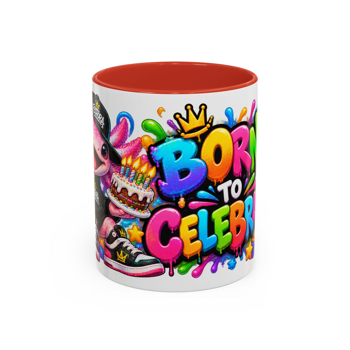 BORN TO CELEBRATE! White Ceramic Mug – Cute Axolotl Birthday Coffee Cup – Colorful Party Gift – Original FestoraShop Design