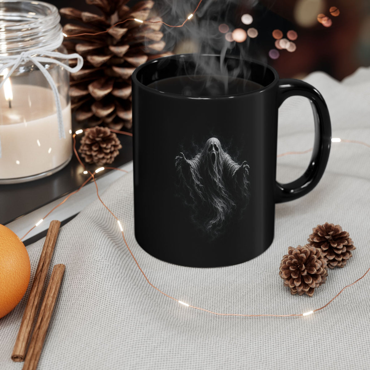 Ghost Haunted Black Coffee Mug — Spooky Halloween 11oz/15oz