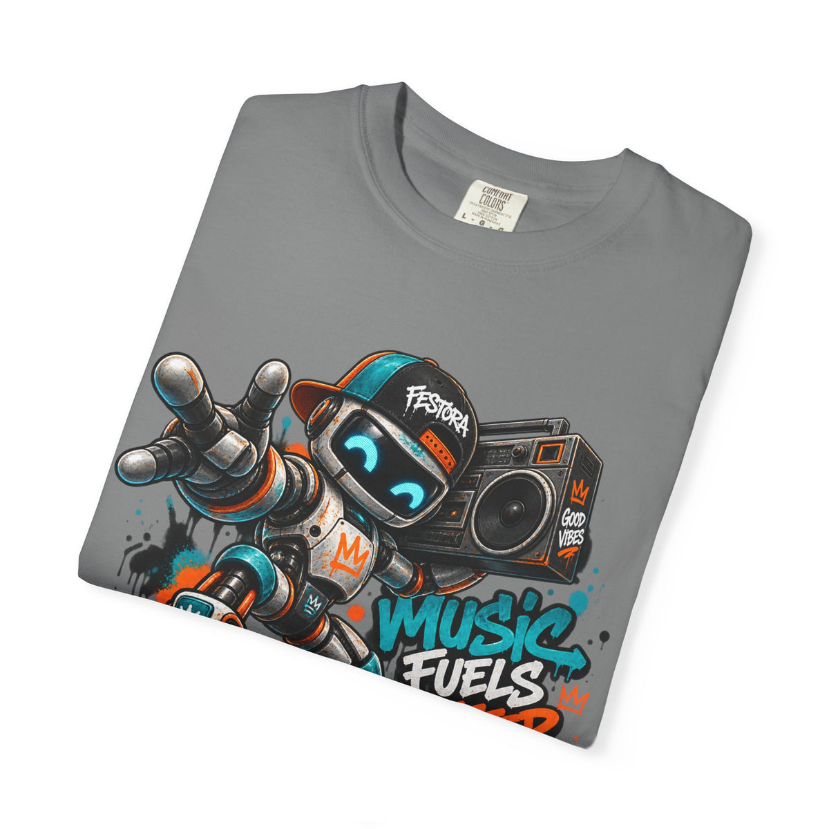 Music Fuels Better Days T-Shirt — Retro Robot Boombox Streetwear