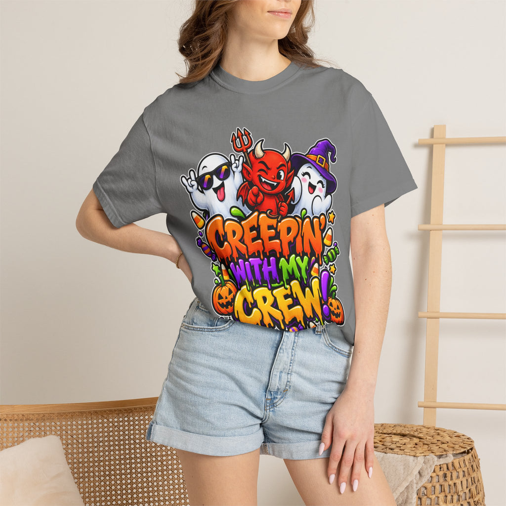Creepin’ With My Crew Halloween T-Shirt – Colorful Funny Ghost & Devil Graphic Tee