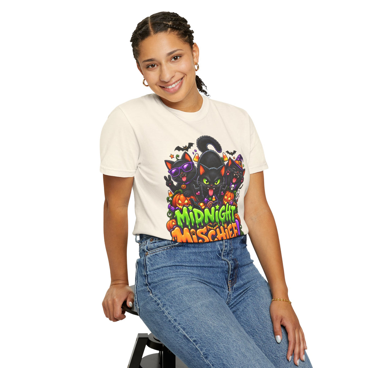 Midnight Mischief Halloween T-Shirt – Funny Black Cat Graphic Tee