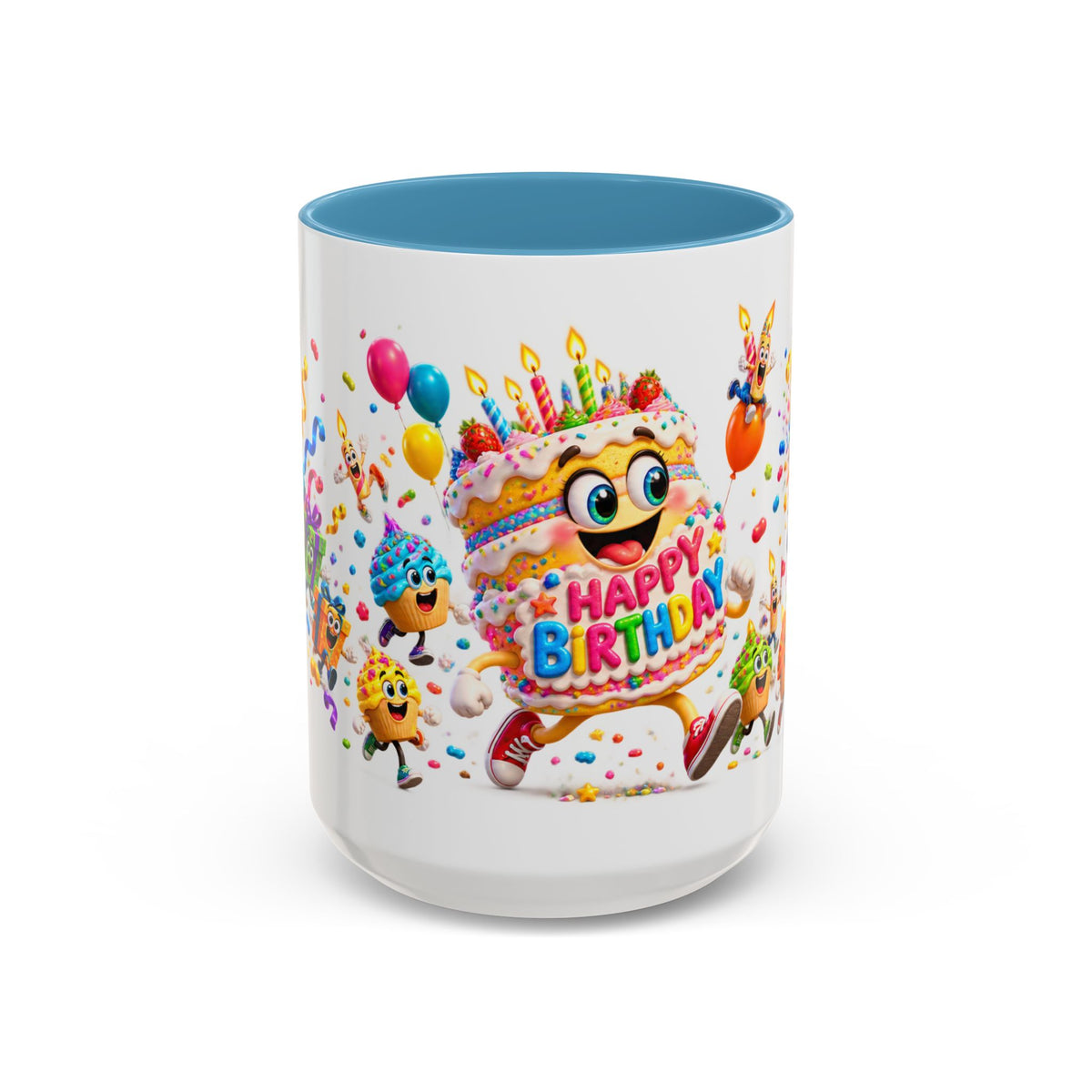Birthday Party Coffee Mug – Colorful Happy Birthday Cake & Balloon Design (11/15oz Accent Mug)