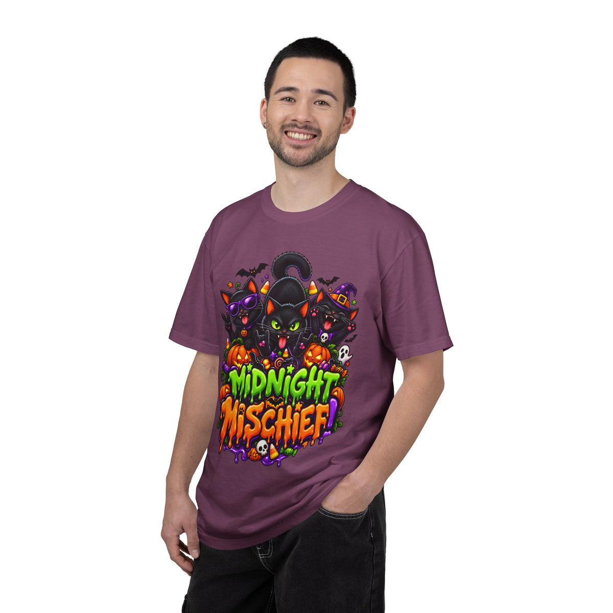 Midnight Mischief Halloween T-Shirt – Funny Black Cat Graphic Tee