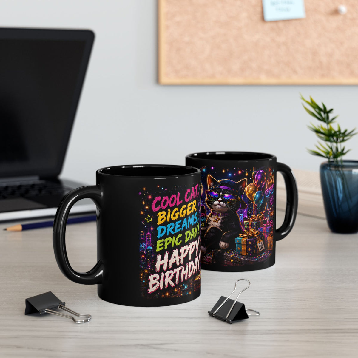 Happy Birthday Cat Mug — Colorful Neon Party Black Coffee Cup