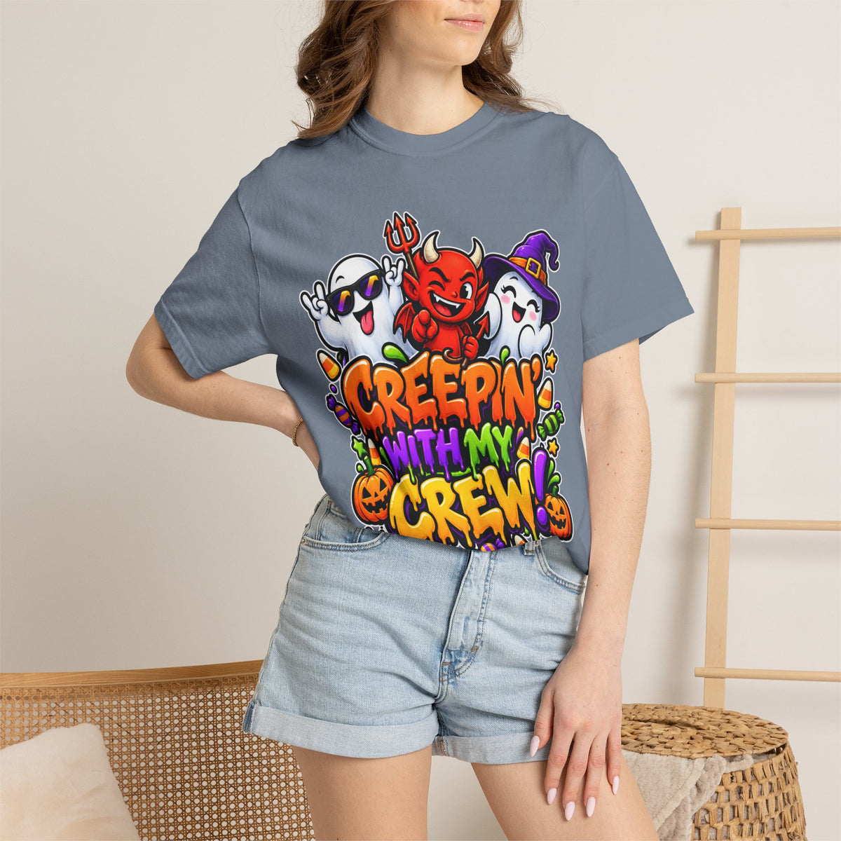 Creepin’ With My Crew Halloween T-Shirt – Colorful Funny Ghost & Devil Graphic Tee