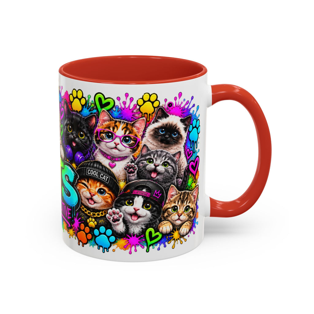 Cats Stay Pawsitive Accent Coffee Mug – Colorful Cute Cat Paw Print Design (11oz)