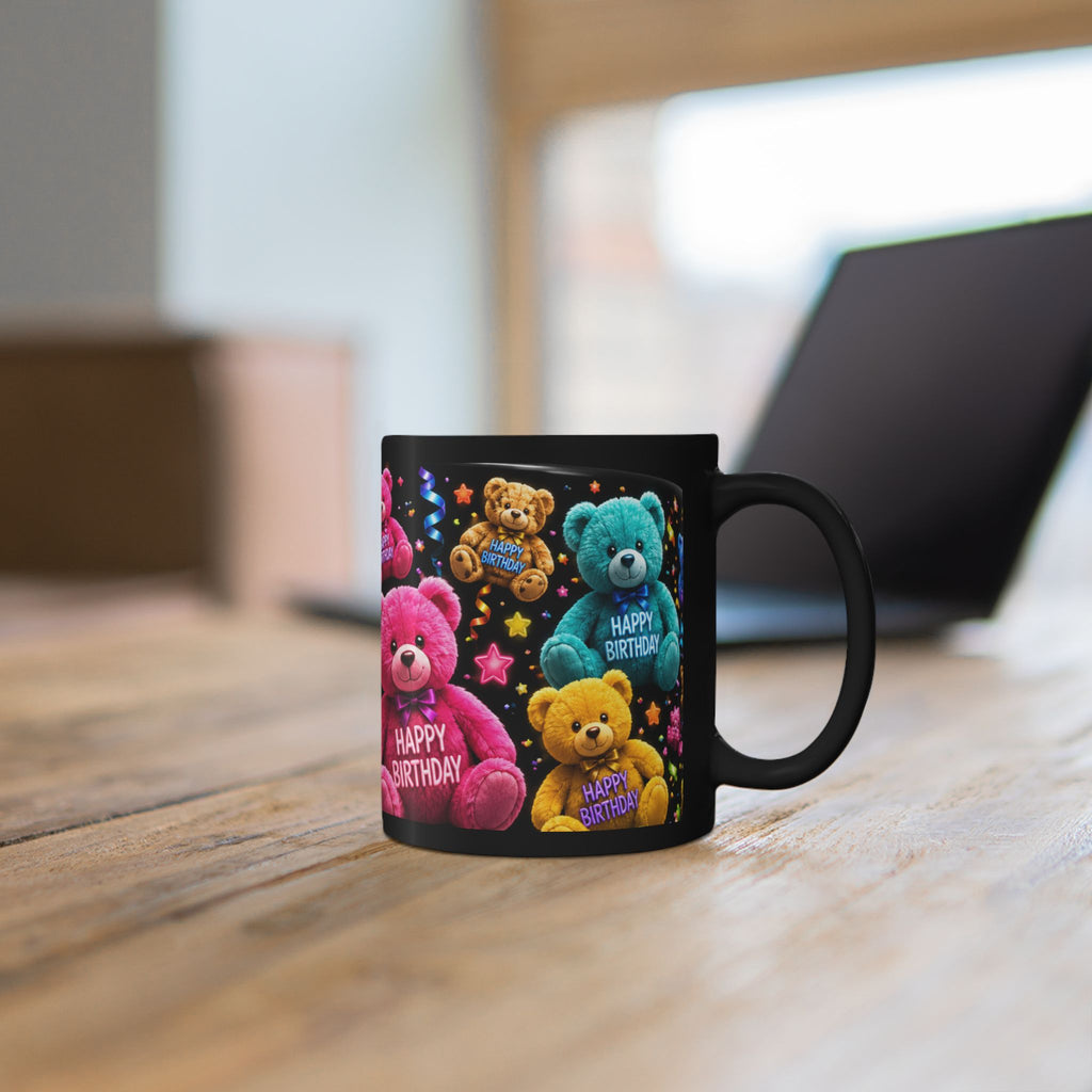 Happy Birthday Teddy Bear Mug — Colorful Black Birthday Coffee Cup (11oz/15oz)