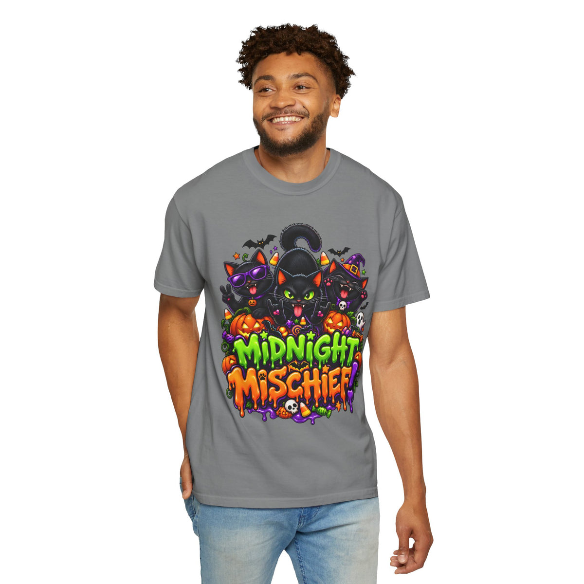 Midnight Mischief Halloween T-Shirt – Funny Black Cat Graphic Tee