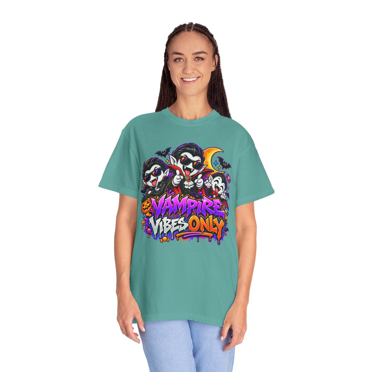 Neon Vampire Vibes Halloween Unisex Garment-Dyed T-Shirt Featuring a Cool Festora Vampire Crew