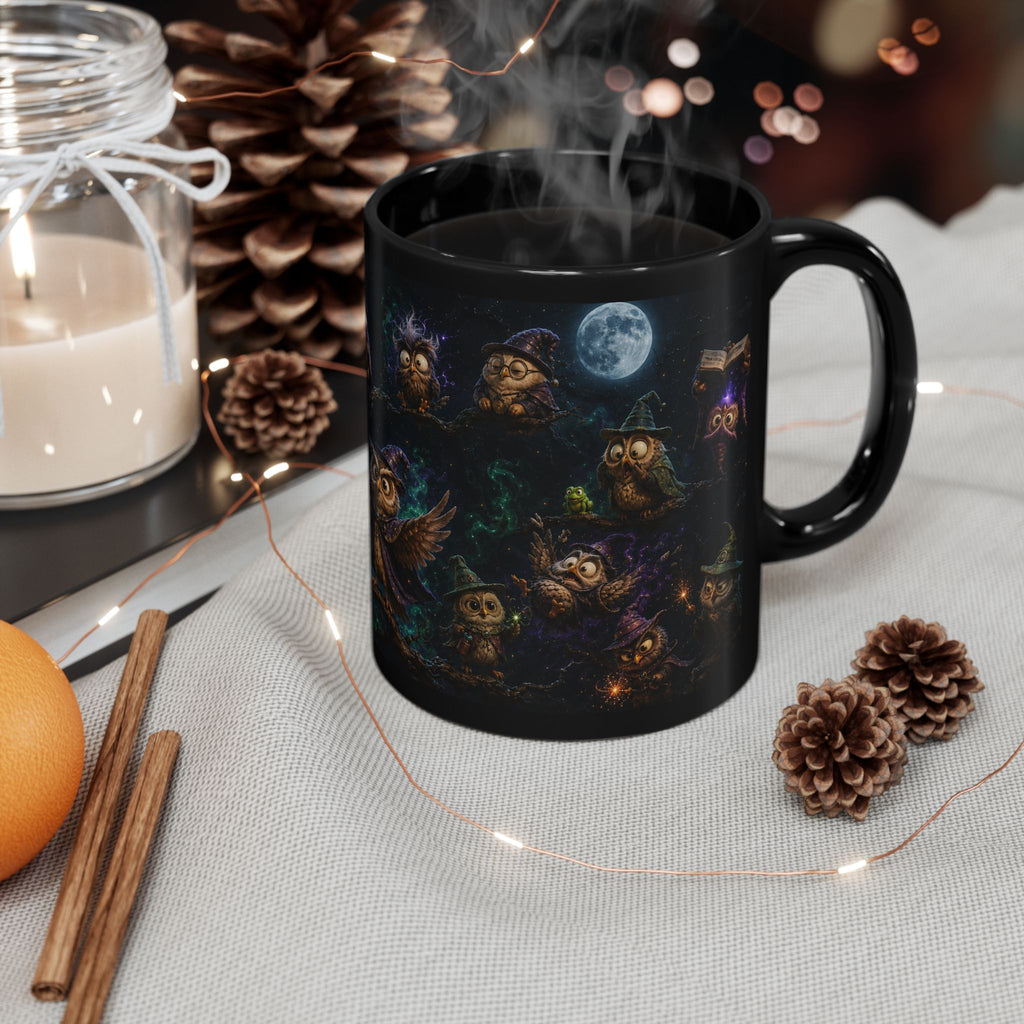 Halloween Magic Owl Night Mug — Cute Wizard Owls under Full Moon (Black 11oz/15oz)