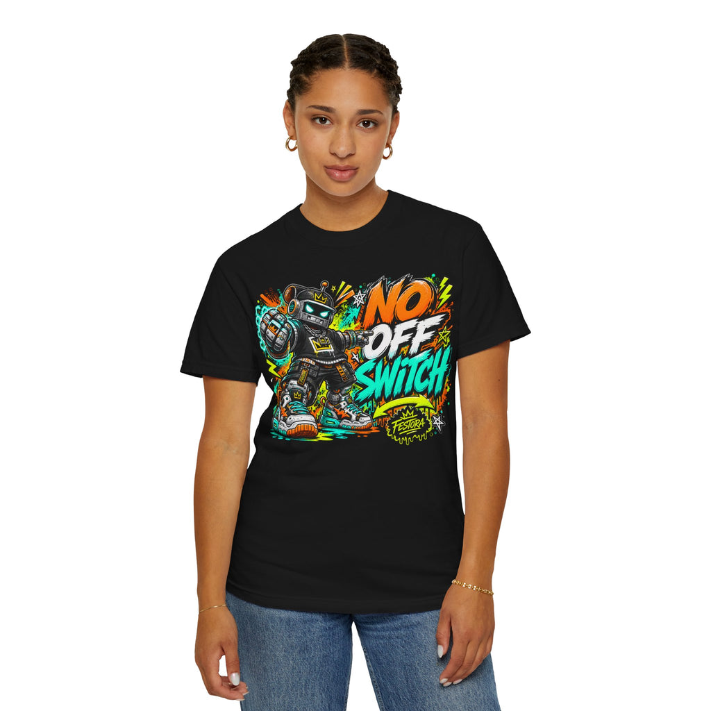 No Off Switch Robot Graphic T-Shirt — Bold Retro Streetwear Design