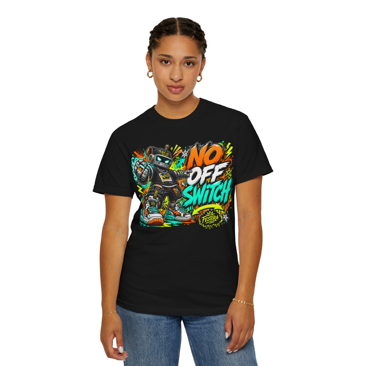 No Off Switch Robot Graphic T-Shirt — Bold Retro Streetwear Design