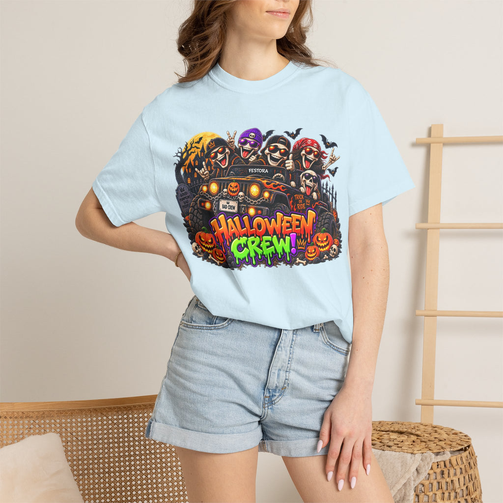 Halloween Crew T-Shirt – Skeleton Jeep Spooky Graphic Tee