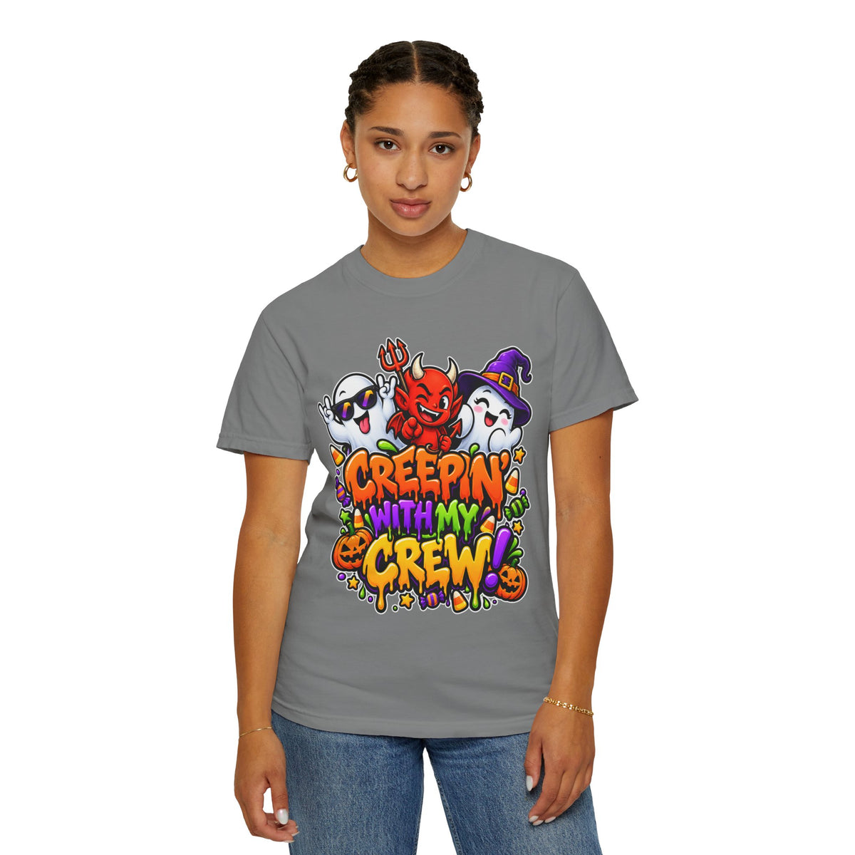 Creepin’ With My Crew Halloween T-Shirt – Colorful Funny Ghost & Devil Graphic Tee