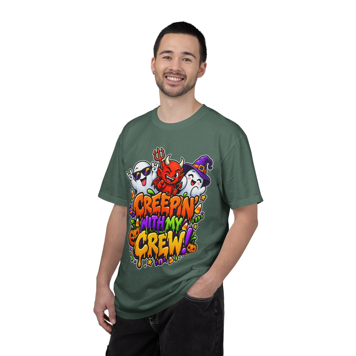 Creepin’ With My Crew Halloween T-Shirt – Colorful Funny Ghost & Devil Graphic Tee