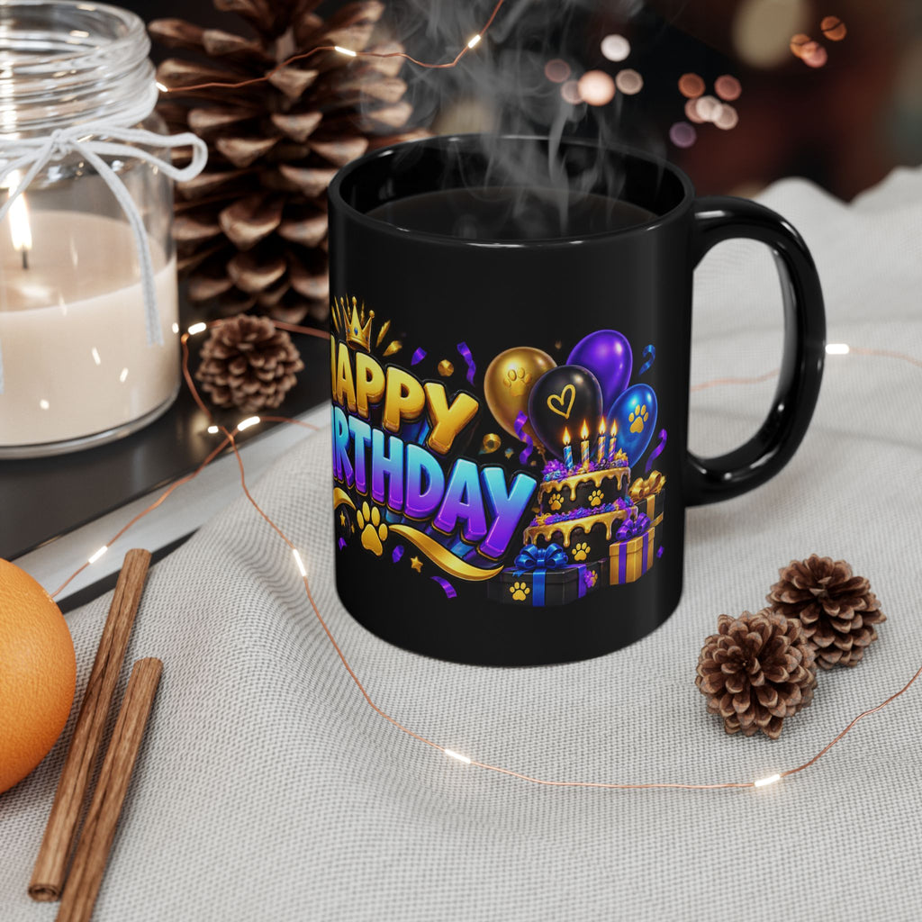 Cool Black Panther Happy Birthday Mug – Purple Blue & Gold Birthday Design – FestoraShop Black Coffee Mug
