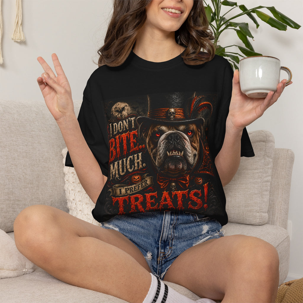 Halloween Bulldog T-Shirt — "I Don’t Bite Much… I Prefer Treats!" Graphic Tee