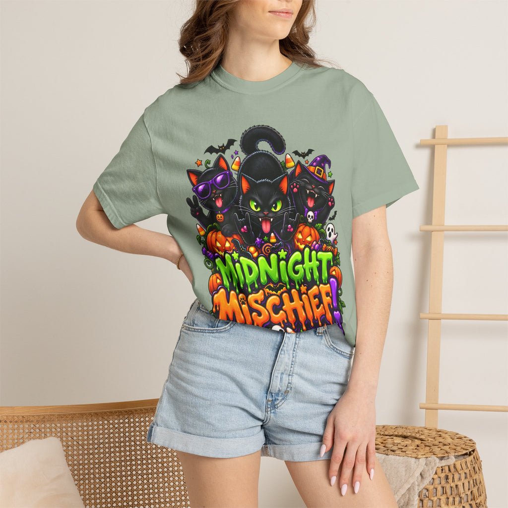 Midnight Mischief Halloween T-Shirt – Funny Black Cat Graphic Tee