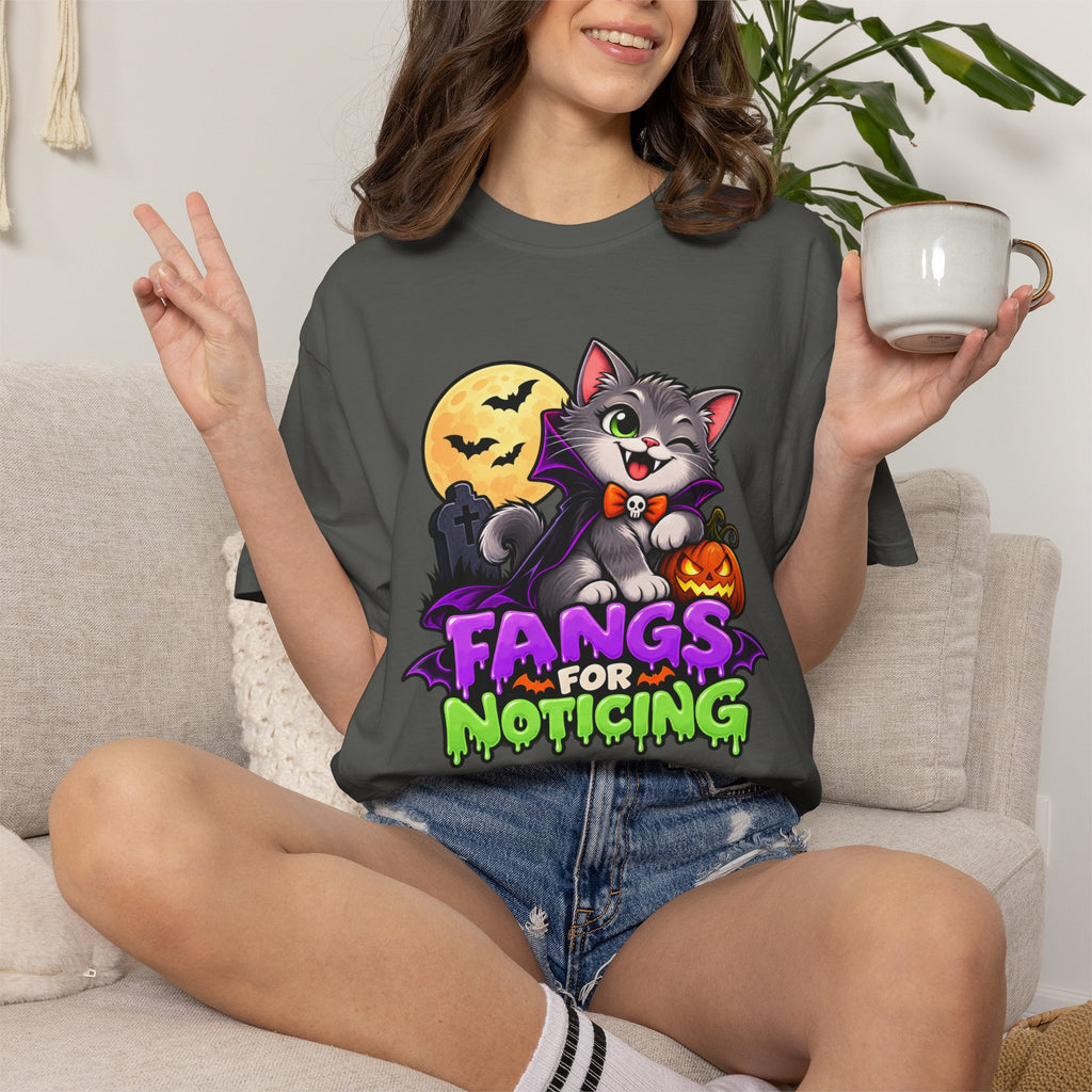 Fangs for Noticing – Cute Vampire Cat Halloween T-Shirt