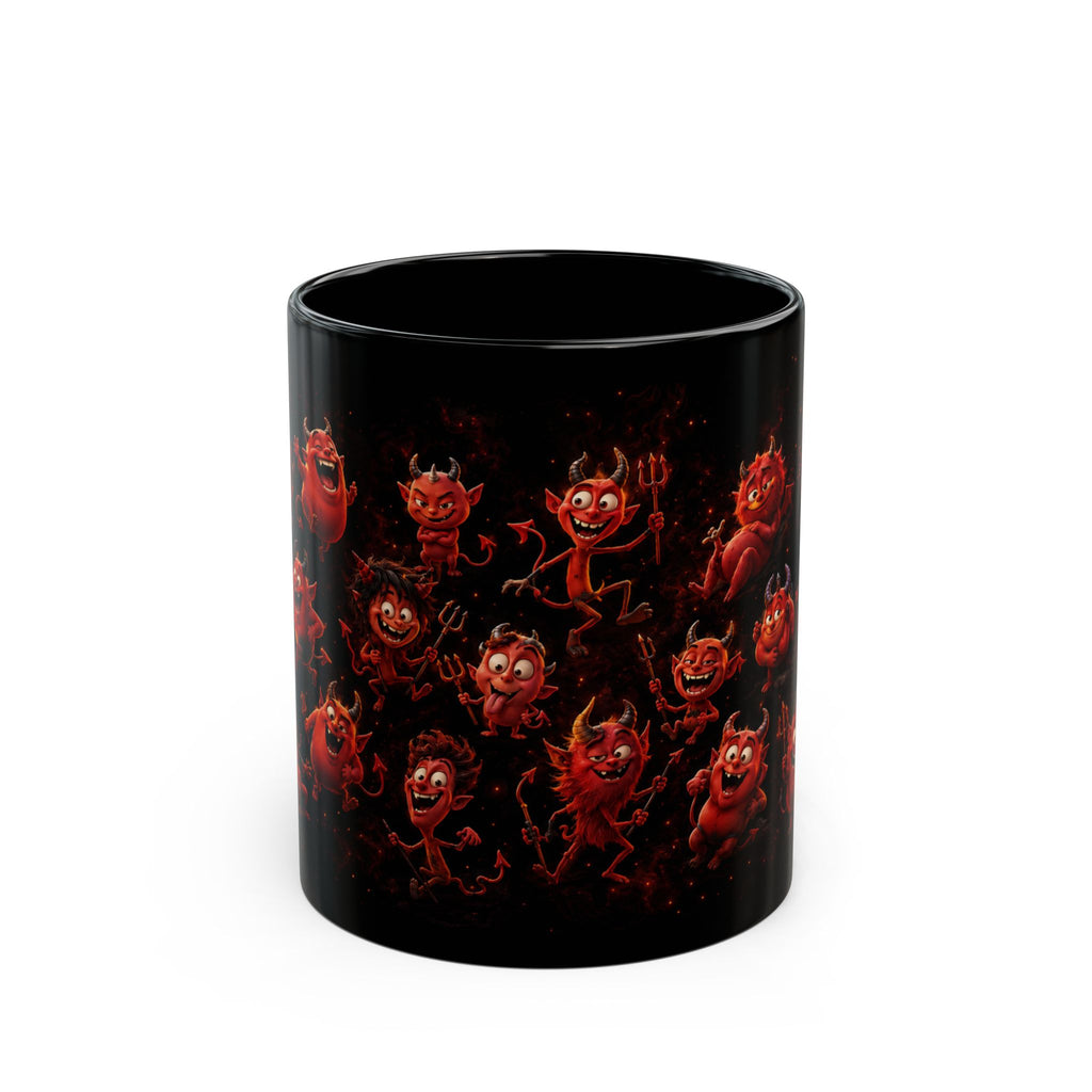 Funny Red Devils Black  Mug — Cute  Halloween  Demon Wraparound Pattern (11oz/15oz)