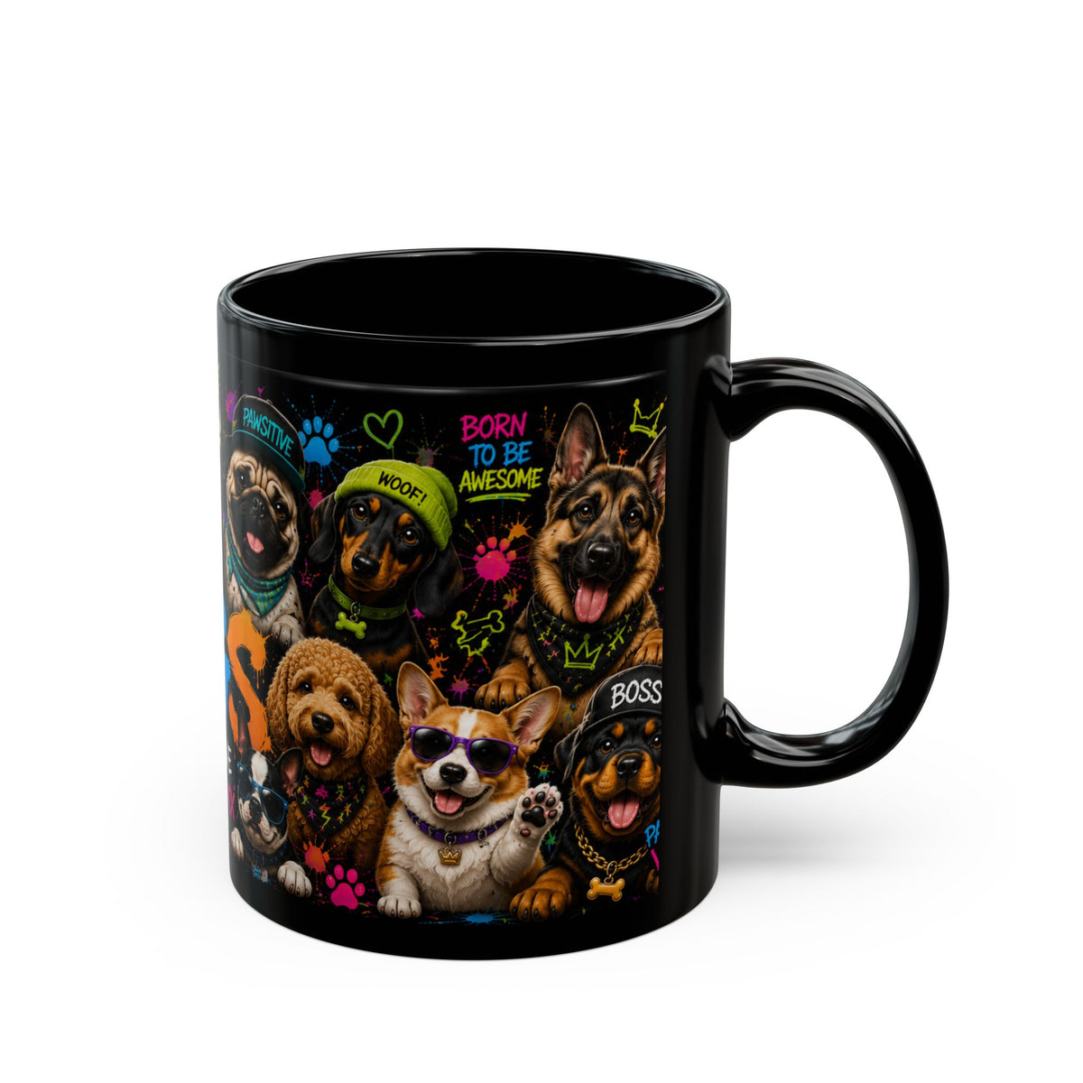 Dogs Stay Pawsitive Black Mug — Colorful Cute Dog Breeds Coffee Cup (11oz/15oz)