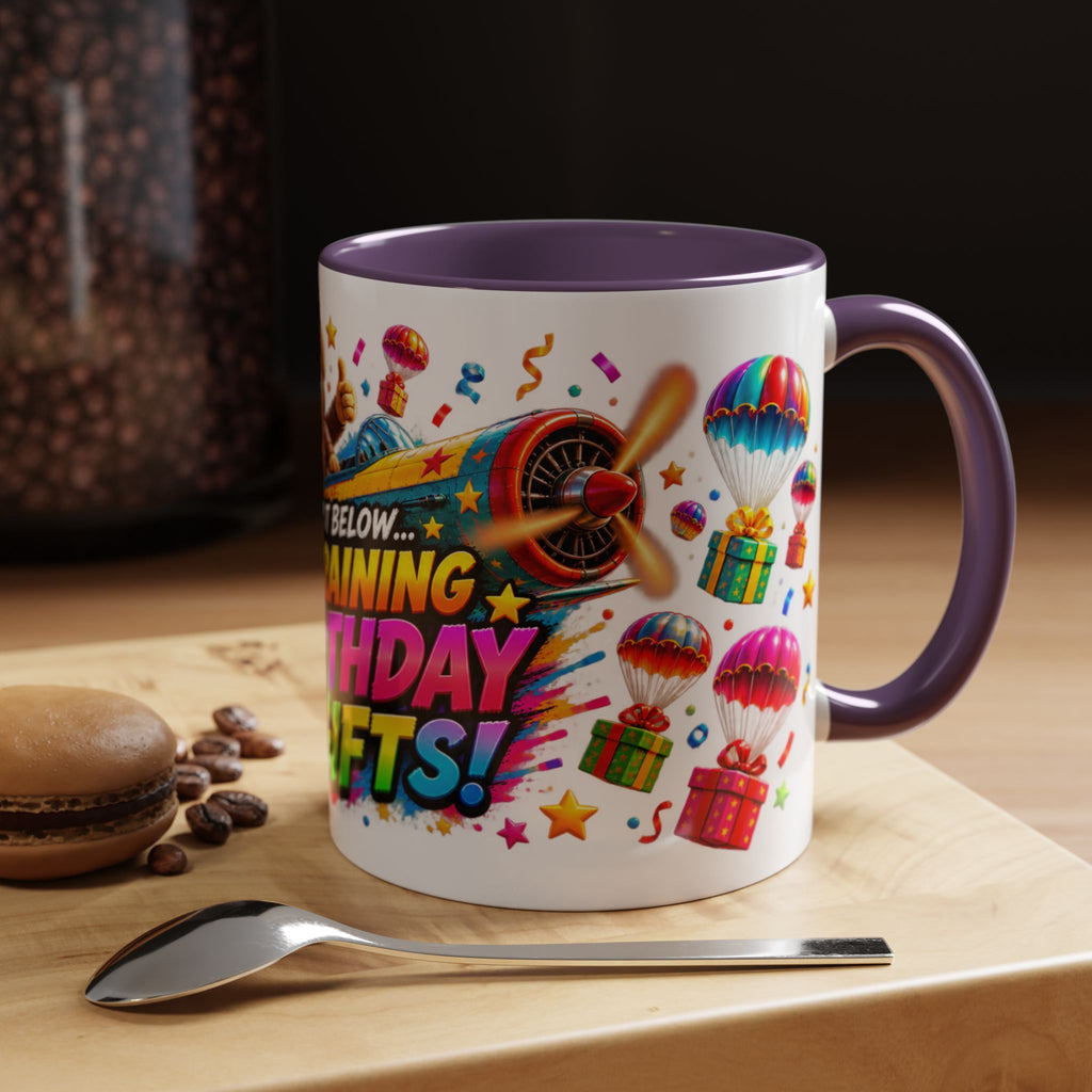 Birthday Gifts Coffee Mug — "It's Raining Birthday Gifts!" Colorful Accent Mug