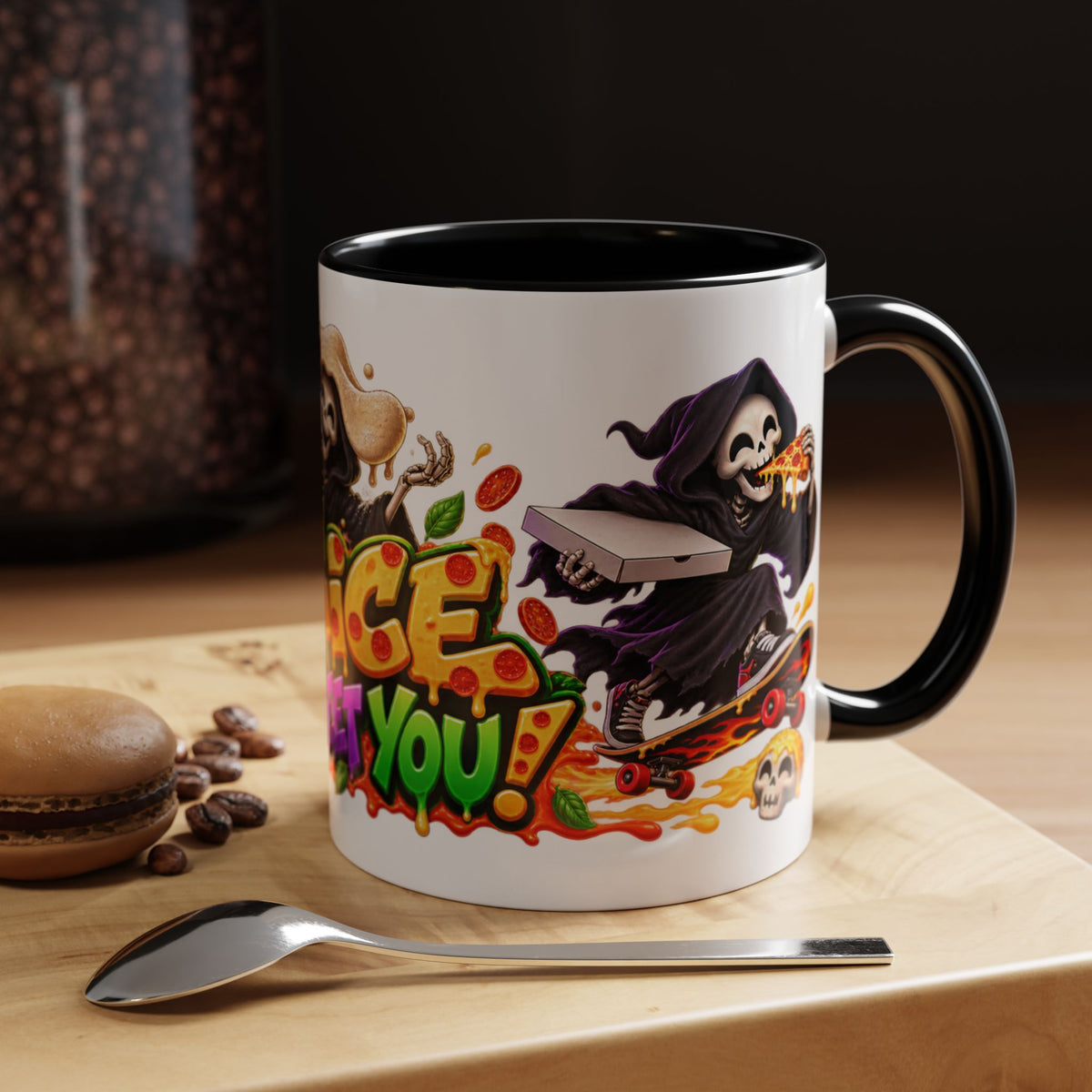 Slice to Meet You Funny Grim Reaper Pizza Halloween White Mug