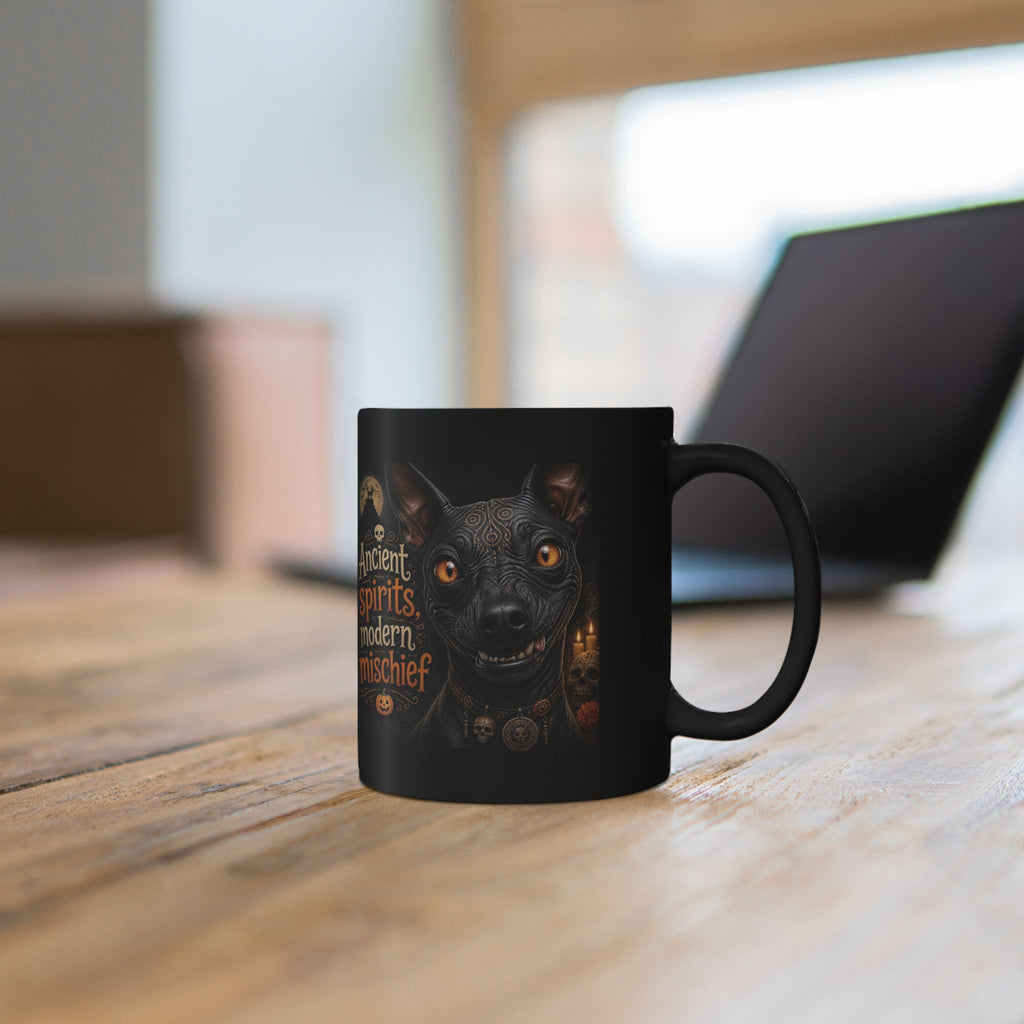 Ancient Spirits, Modern Mischief Black Mug — Halloween Cat Skull Design (11oz/15oz)