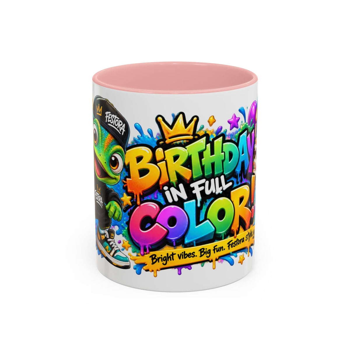 Birthday in Full Color White Ceramic Mug – Fun Colorful Birthday Coffee Cup – FestoraShop Original Design