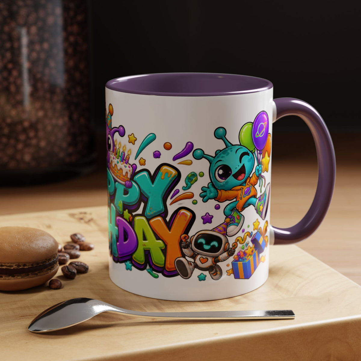 Happy Birthday Alien Mug – Colorful Space Party Cup with Cute Aliens & Robots