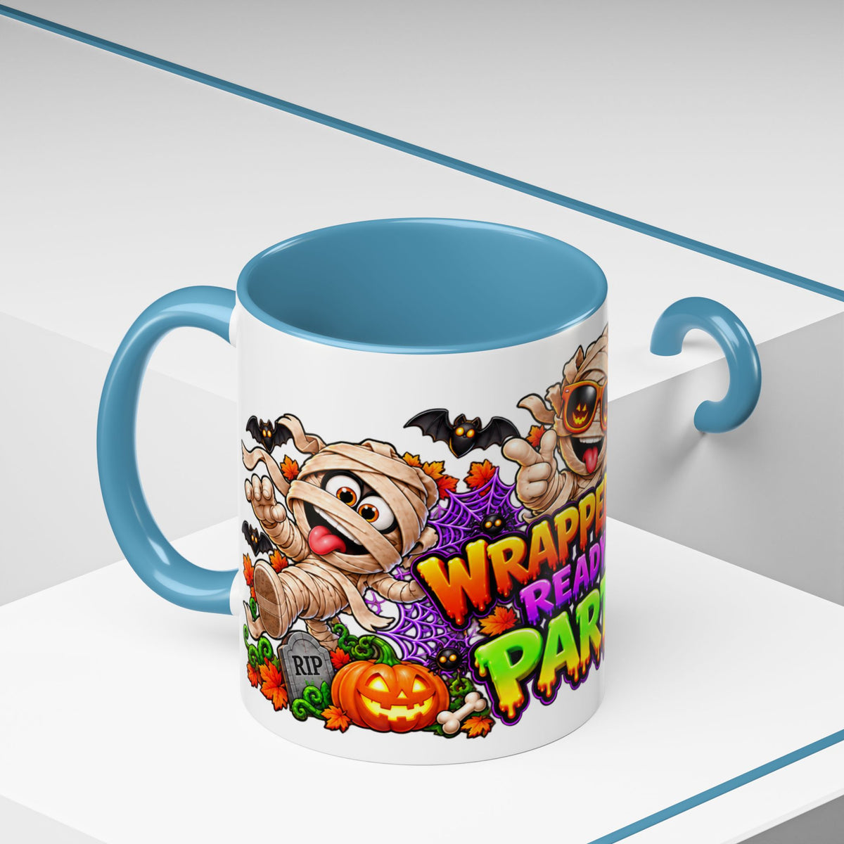 Wrapped Up & Ready to Party White Mug – Funny Mummies & Spooky Party Design