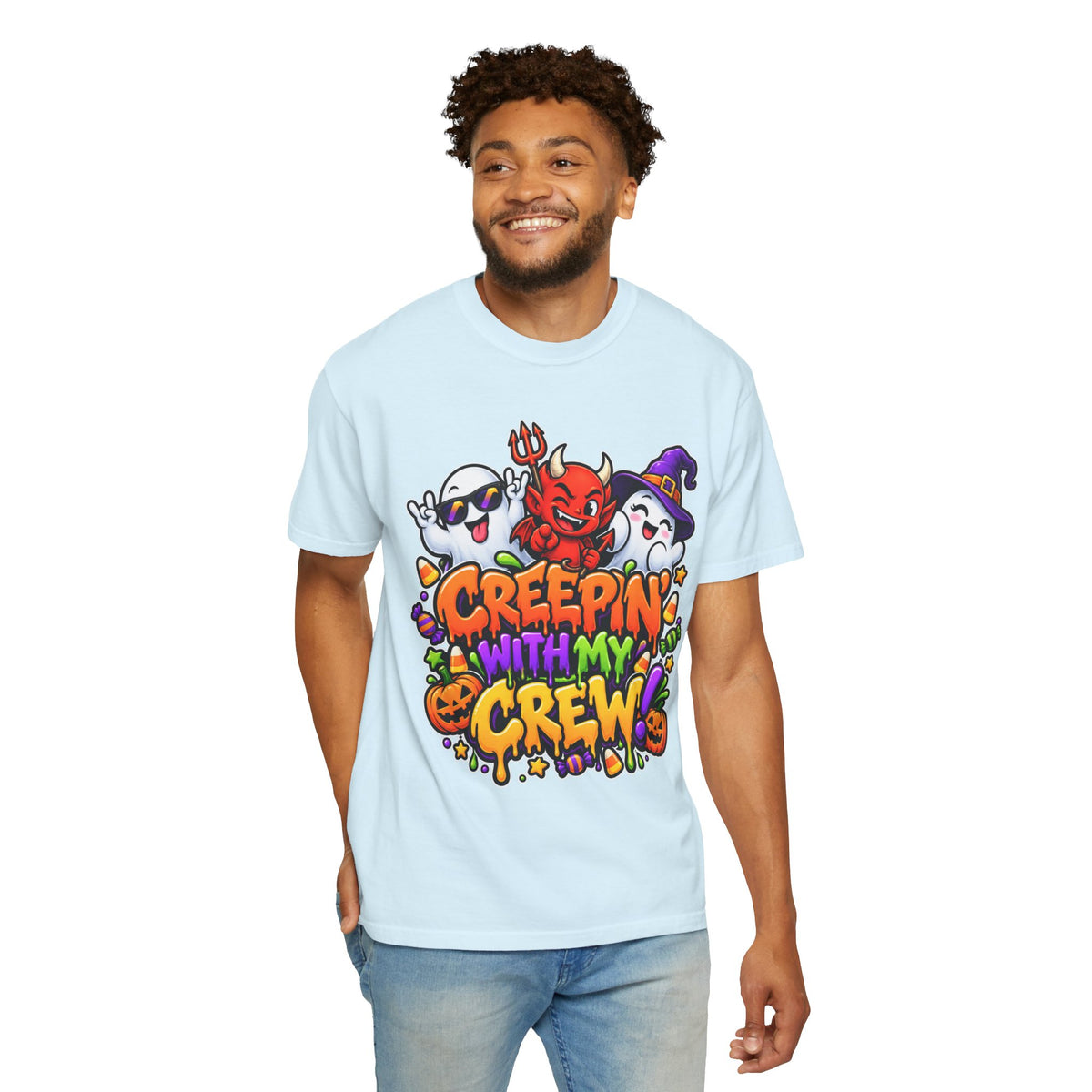 Creepin’ With My Crew Halloween T-Shirt – Colorful Funny Ghost & Devil Graphic Tee