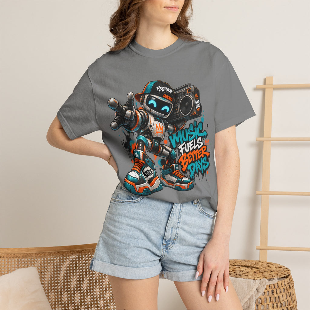 Music Fuels Better Days T-Shirt — Retro Robot Boombox Streetwear