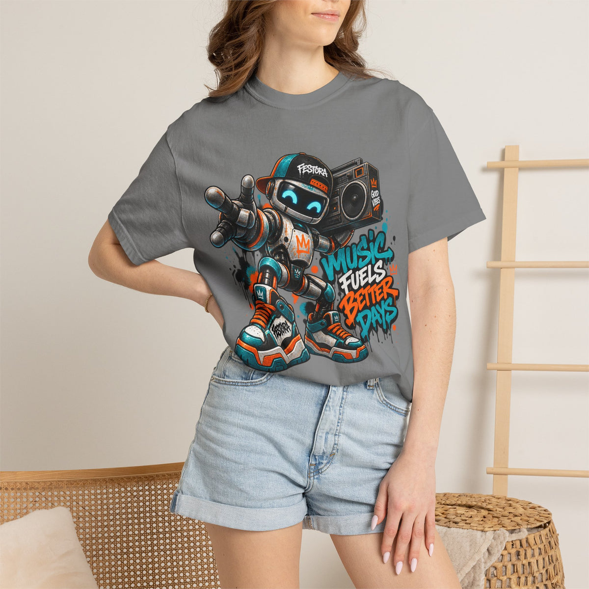Music Fuels Better Days T-Shirt — Retro Robot Boombox Streetwear