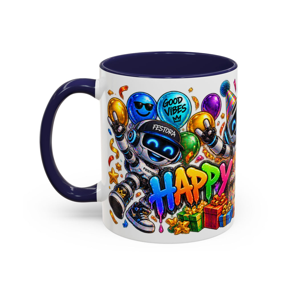 Birthday Robot Coffee Mug — Colorful Happy Birthday Accent Mug (11oz)