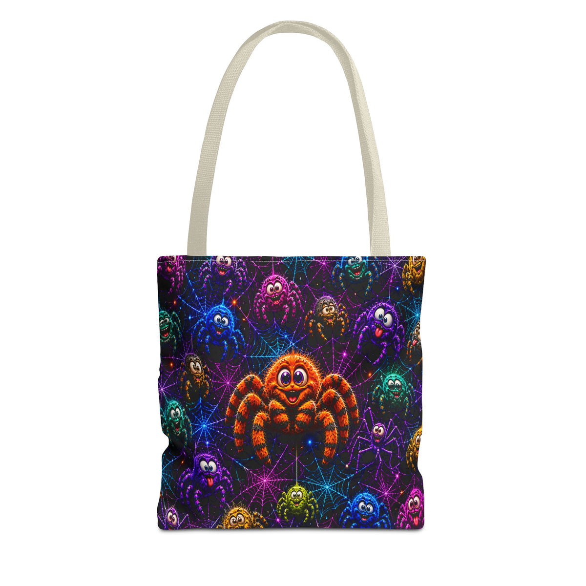 Colorful Crazy Spiders Halloween Tote Bag – Cute 3D Spider Web Pattern