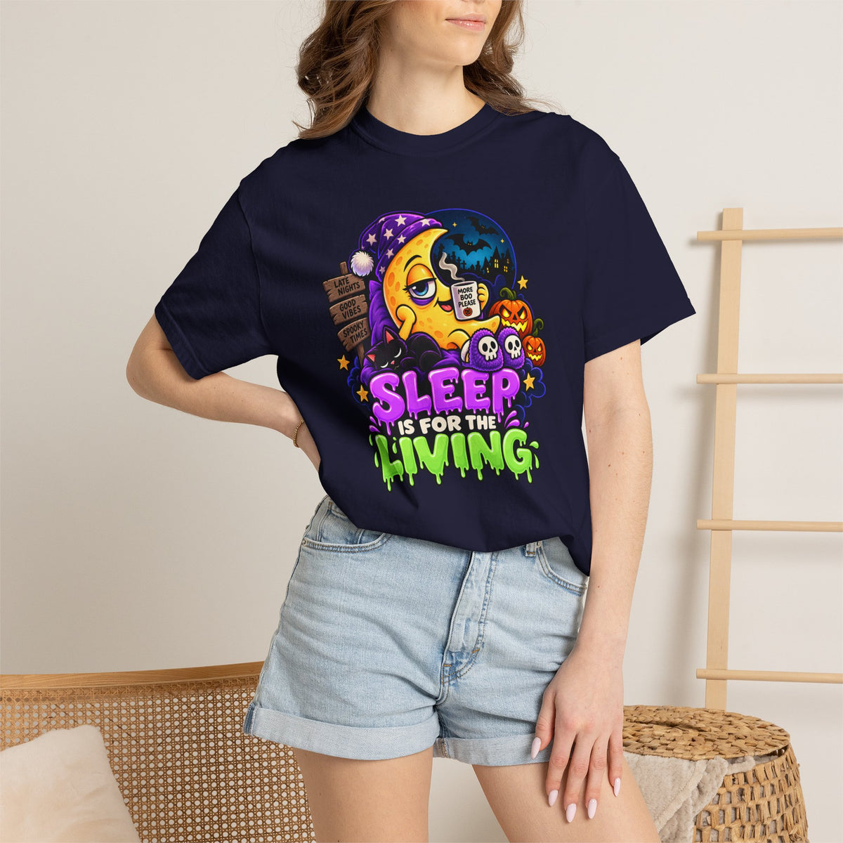 Sleep Is for the Living – Funny Halloween Moon T-Shirt