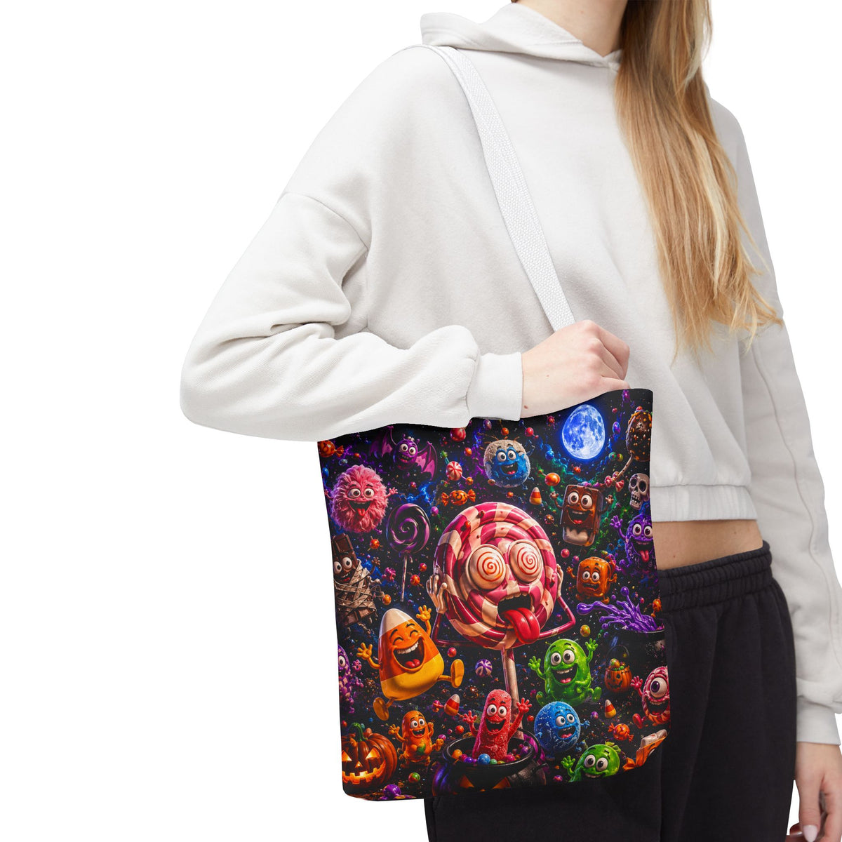 Crazy Halloween Candy Monsters Tote Bag — Colorful 3D Lolipop & Treats Design