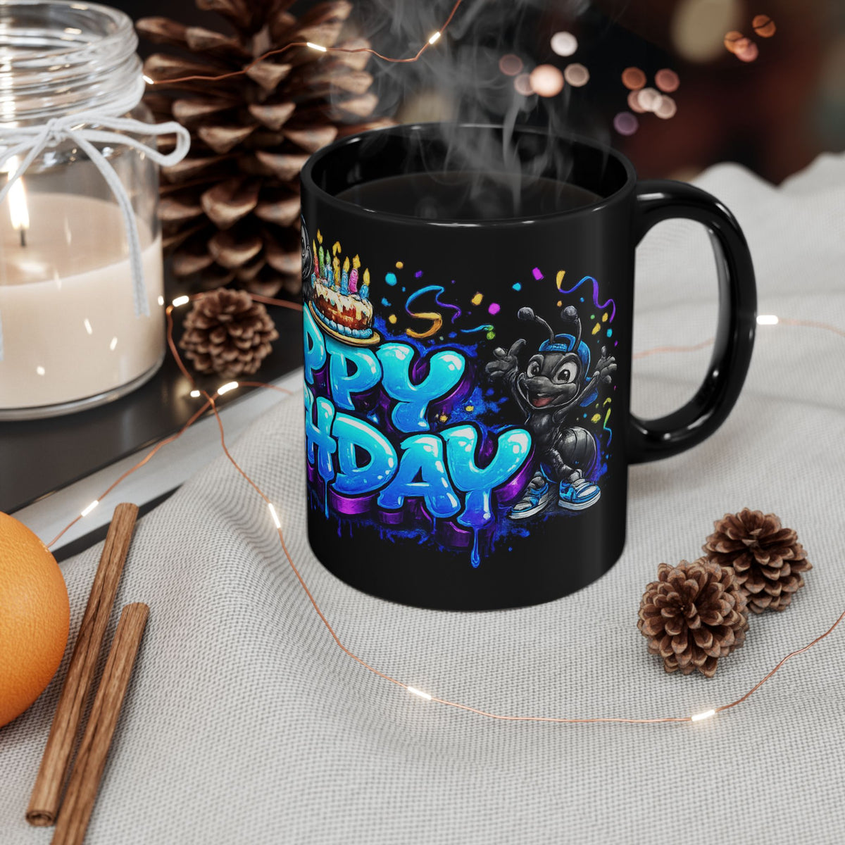 Happy Birthday Black Mug — Colorful Graffiti Cake & Cartoon Character Birthday Coffee Cup (11oz/15oz)